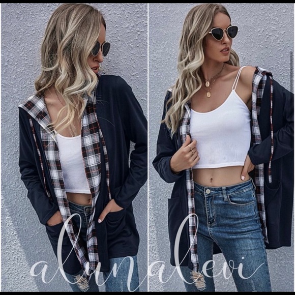 HPπ₯Black Plaid Hoodie Jacket Coat with Pockets - Picture 6 of 6